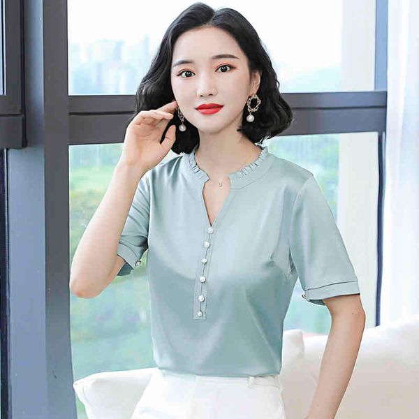 

korean silk women blouses shirt v-neck woman satin solid plus size blusas femininas elegante 210427, White