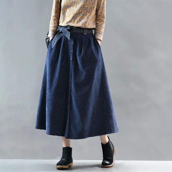 

skirts autumn winter skirt women elastic waist large size corduroy casual ladies loose pocket button all-match, Black