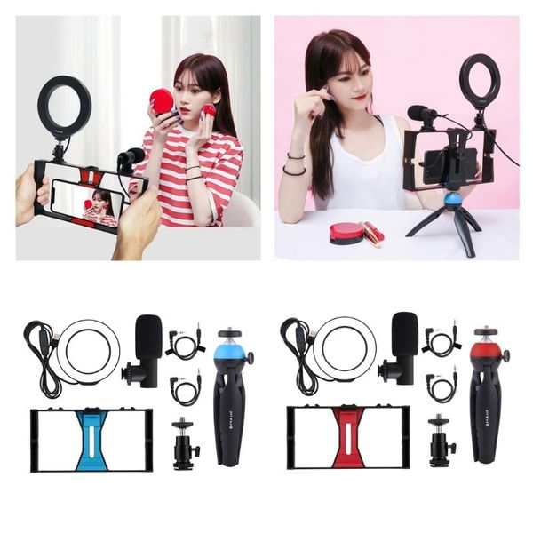 

live broadcast vlog smartphone video rig + microphone ring led selfie light mini tripod mount kits with cold shoe head heads
