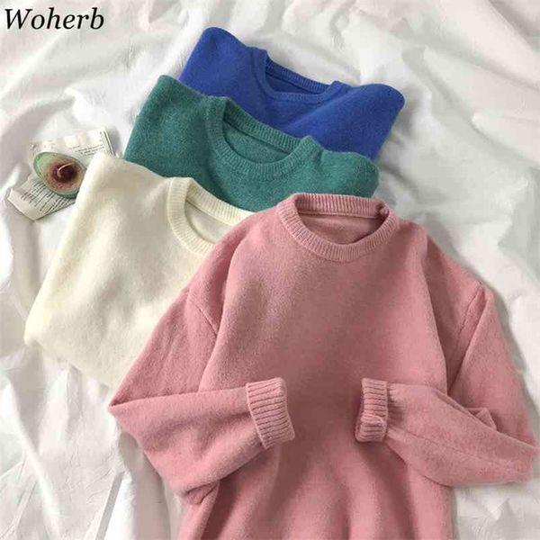 

solid basic pullover women sweater casual loose knitted jumper autumn pull femme winter clothes cute sweaters 210519, White