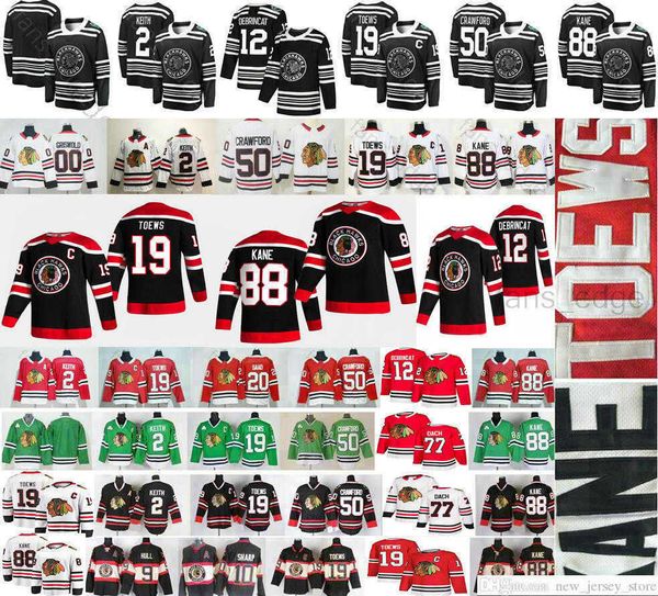 

Chicago Blackhawks 19 Jonathan Toews 88 Patrick Kane 12 Alex DeBrincat 00 Clark Griswold 2 Keith Crawford 77 Kirby Dach Ice Hockey Jerseys, As picture men size s-xxxl