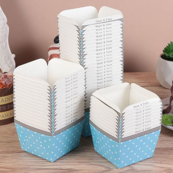 Copos descartáveis ​​Palhas 100 pcs Papel bonito Cupcake Praça Bolo Copo Resistente ao calor Sobremesa Tigelas Mini Box Fested Fontes (ponto azul)