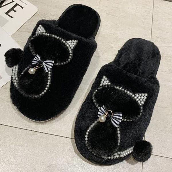 

winter shoes women fashion home flat cotton slippers cute cat women's plush warm indoor xx577, Black
