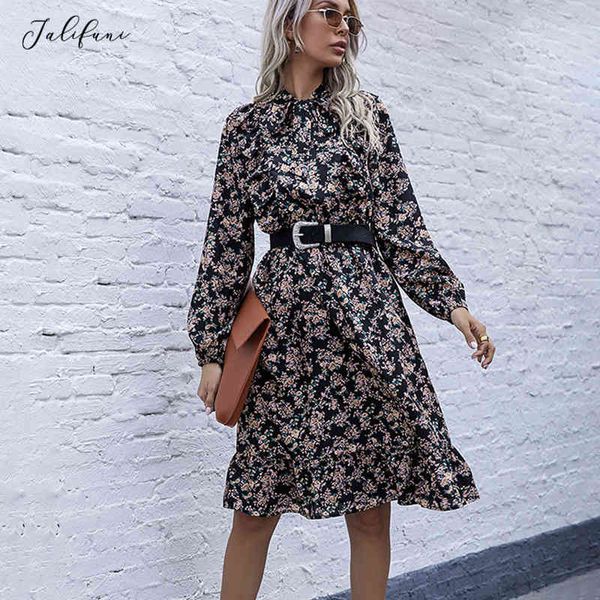 

dress fashion bow vintage black ladies floral print ruffle long sleeve dresses for women spring autumn clothes new arrival 210415, Black;gray