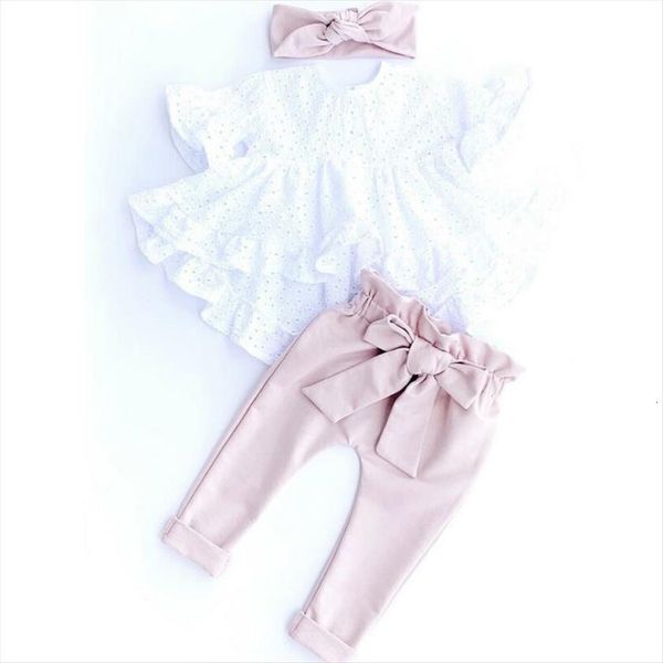 

0 24m newborn kid baby girl clothes lace t shirt pants short sleeve bowknot headband 3pcs outfit set clothing, White