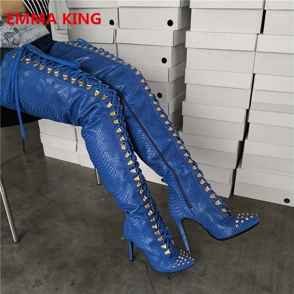 

boots blue snake prints lace-up rivets design women winter thigh high pointed toe stiletto heels knight leather1, Black