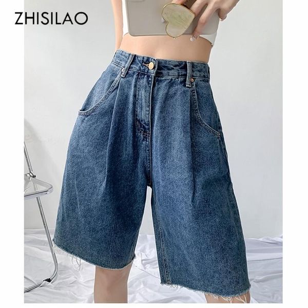 

women's jeans zhisilao knee length wide leg denim shorts for women vintage boyfriend streetwear straight summer 2021, Blue