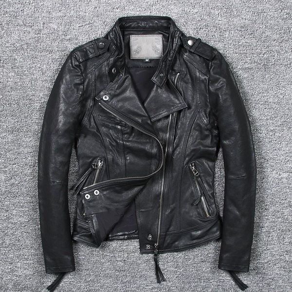 

women's leather & faux biker classic moto women short coat zipper sheepskin genuine jacket slim fit punk outwear ladies spring jackets, Black