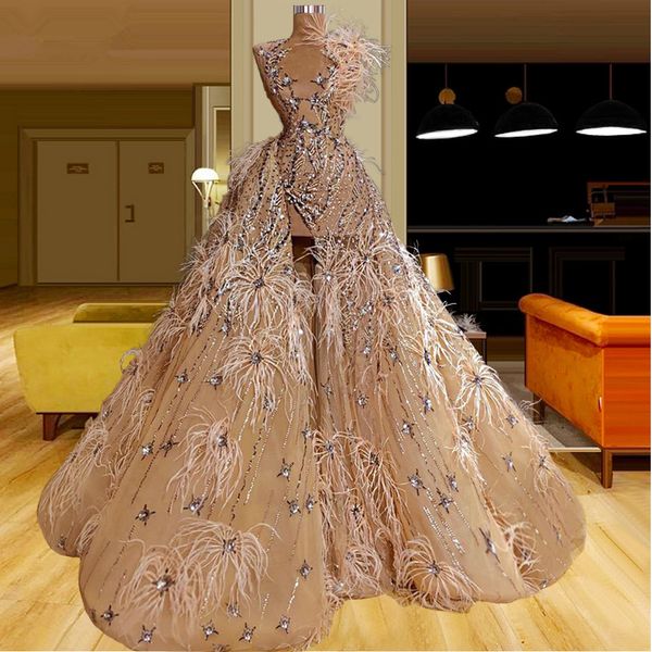 Vestidos de noite de cristal de mulher de luxo com penas de trem destacável penas frisadas celebridades vestido lado split vestidos de pageant 2021