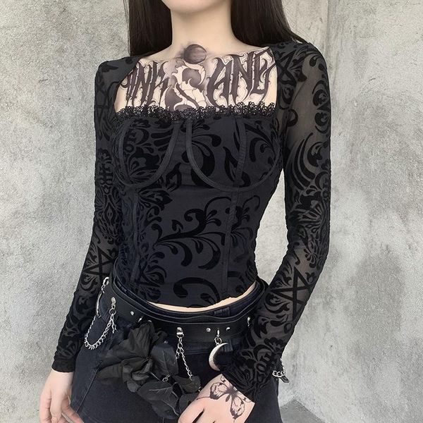 

women's t-shirt black goth lace patchwork basic women 2021 autumn lady square collar transparent long-leeve cool fashion tshirt, White