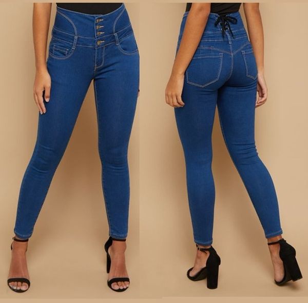 

denim skinny jeans with stretch high waist button straps, Blue