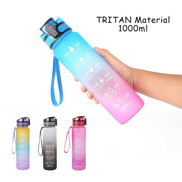 1L Garrafa de água material tritan com tempo marcador BPA Free Fosco à prova de vazamento portátil copo reutilizável para esportes ao ar livre fitness 211013