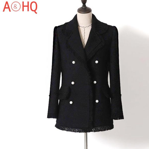 

women's jackets black/white tweed jacket ladies small fragrant wind braided tassels double-breasted pearl buckle suit, Black;brown