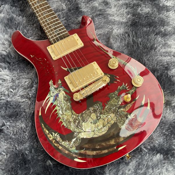 Rara Smith Dragon 2000 #30 Top in acero rosso fiammato per chitarra elettrica avvolgente cordiera, intarsio di uccelli in abalone, hardware dorato