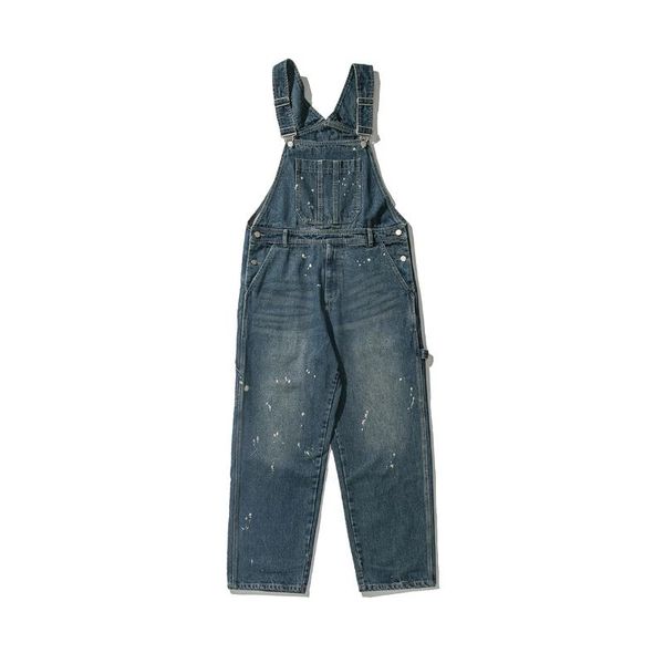 

men's jeans japanese style autumn spring washed paint dot strap cargo men casual baggy denim pants streetwear overalls trousers, Blue