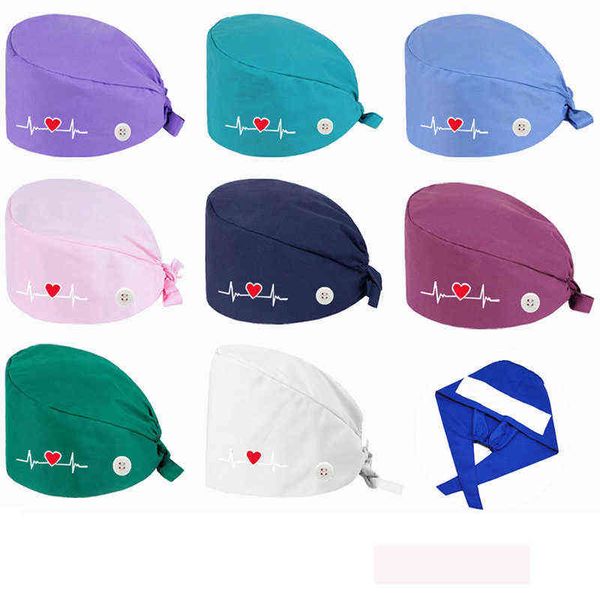 Yeni Kalp Tarzı Işlemeli Hemşire Şapkalar Kadınlar için Gorros Quirurgic Salon Eczane Bonnet Kapaklar Lab Pet Doktor Cerrahi Kapak Y21111