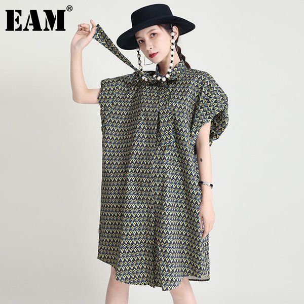 

casual dresses [eam] women yellow big size printed contrast color dress bow neck sleeveless loose fashion tide spring summer 2021 1dd8526, Black;gray