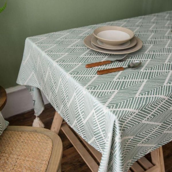 

table cloth vintage geometric waves jacquard rectangular blue yellow green dining cover with tassel home decor obrus zc062