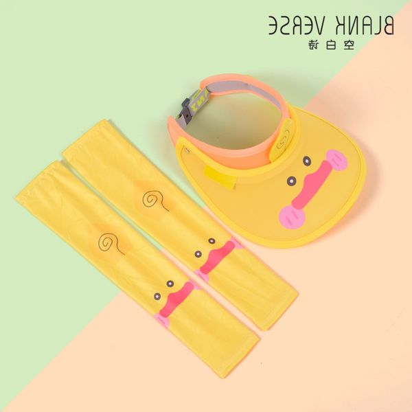

children's sunscreen with big brim ice sleeve set cartoon sun hat for boys and girls in summer, Yellow