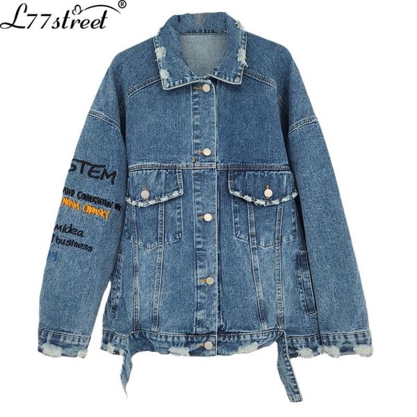

women's jackets bf boyfriend style letter embroidery graffiti ripped vintage denim jacket hong kong minority fashion heavy, Black;brown