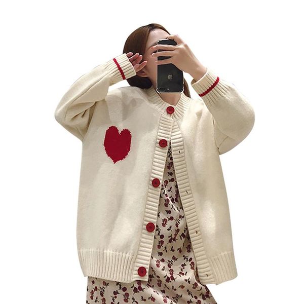 

women's knits & tees 21 autumn sweet cardigans women heart print o-neck full sleeve korean sweater loose elegant chic female ld2117, White