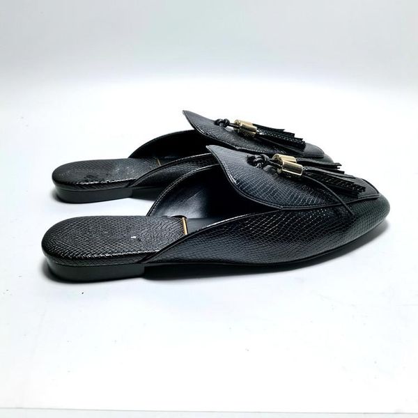 

fringe flat shoes female rivet ladies' slippers loafers cover toe mules for women 2021 pantofle microfiber rubber metal deco, Black