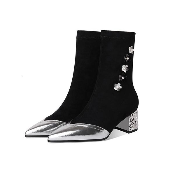 

boots memunia est elastic boots women thick heel pointed toe casual shoes flower patent leather autumn winter ankle woman1 6zle, Black