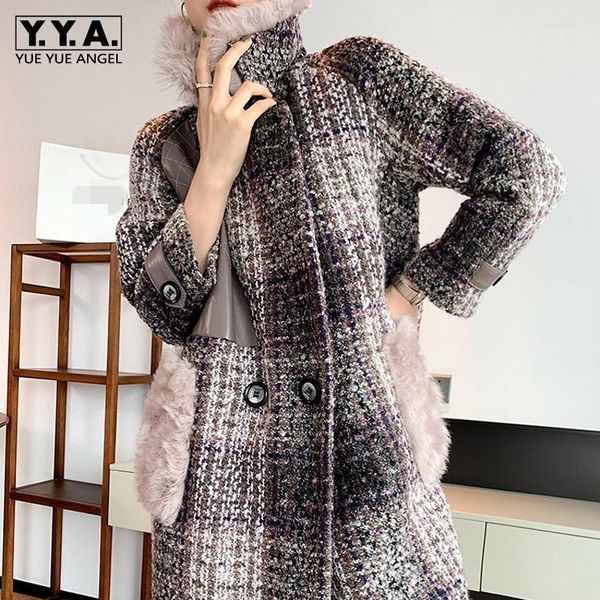 

women tweed plaid woolen coat fur collar lapel double-breasted female thick wool jackets luxury design winter women's & blends, Black