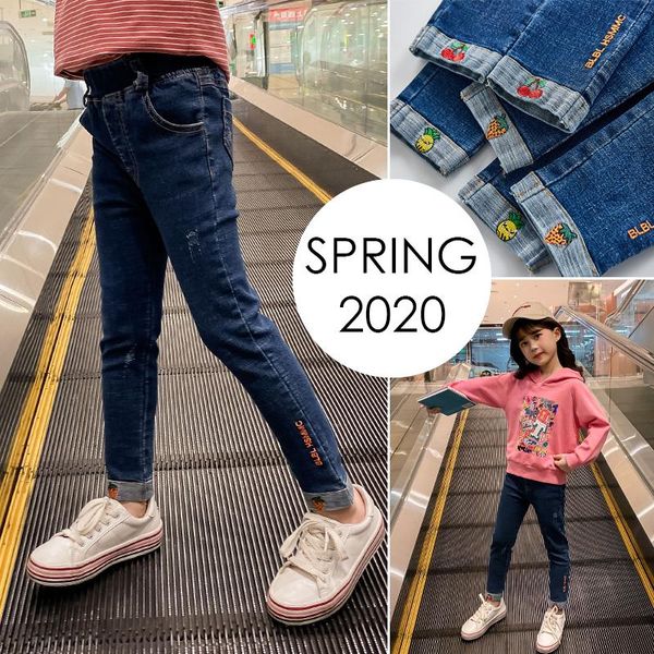 

kids girls jeans pants autumn children slim embroidered denim trousers casual skinny for 8 10 12 yrs, Blue