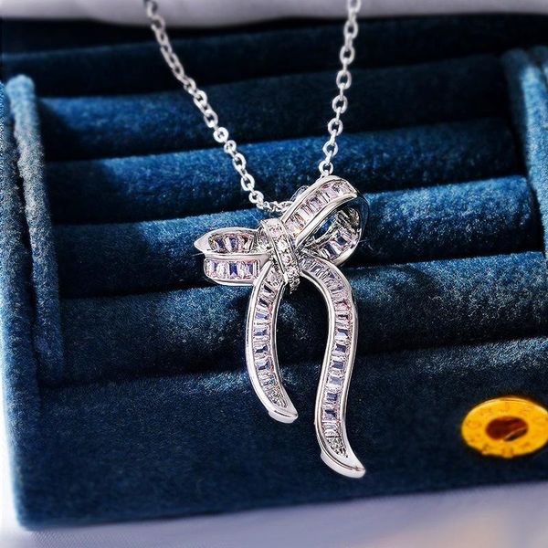

pendant necklaces big cute silver color bowknot with bling zircon stone long chain necklace choker for women fashion jewelry