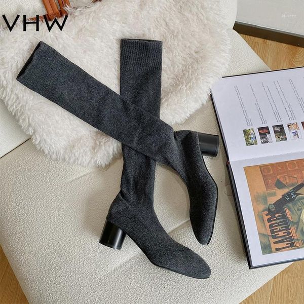 

boots women knited fabric heeled shoes knee high black long fashion gray sock1