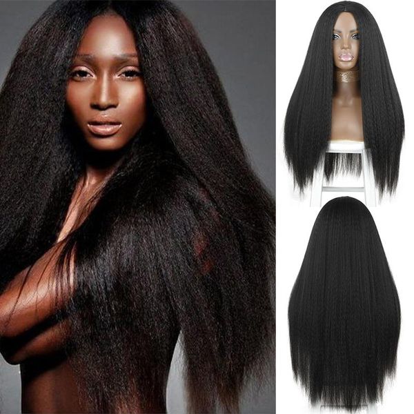 

synthetic wigs azqueen yaki straight hair wig for women 30inch long afro heat resistant fiber african, Black