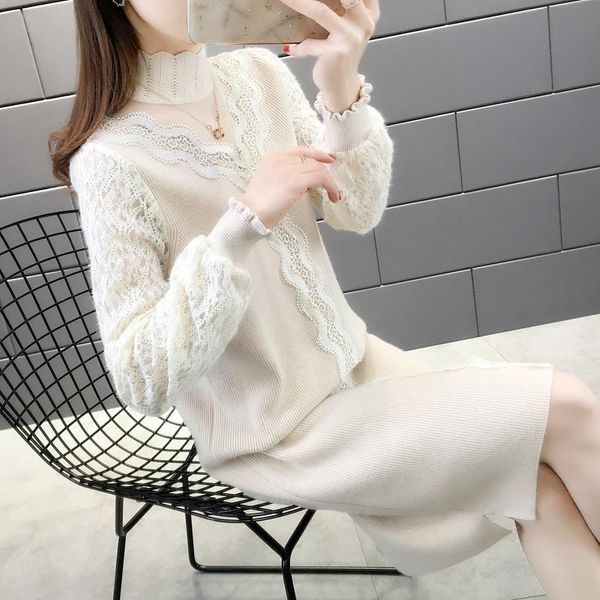

women's vests 5076f area 64 right] - real picture spring lace sleeve serrated half high collar medium length wool dress 65, Black;white