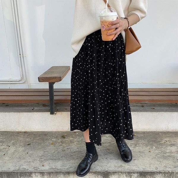 

skirts hearts print pleated chiffon skirt women midi black white