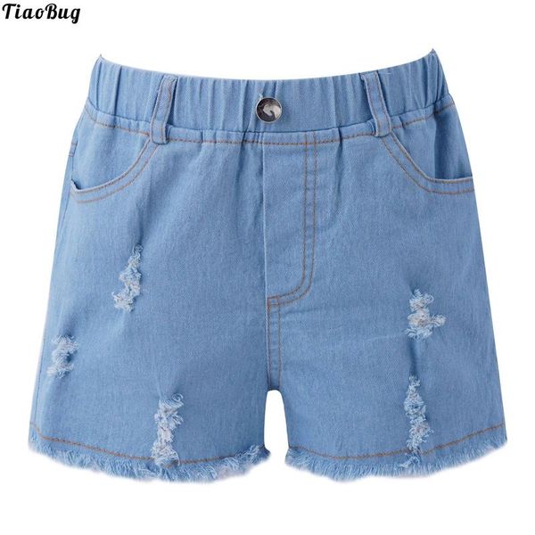

shorts tiaobug kids girls stylish clothing elastic waistband button front decor ripped raw hem denim jeans with multi-pockets, Black