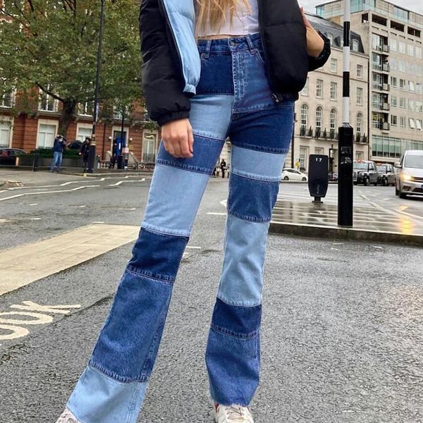 

high waisted blue patched straight jeans for girls female women stretch vintage denim pants 2021 trouser capris streetwear women's