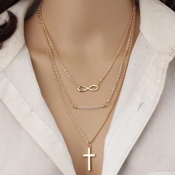 

pendant necklaces models trendy big-name temperament multilayer metal cross down 8 clavicle chain rice beads wild necklace jewelry gift, Silver