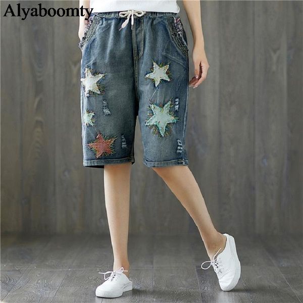 

women's jeans mori girl plus size summer women high waist vintage ripped loose denim capris elegant appliques stars with pockets, Blue
