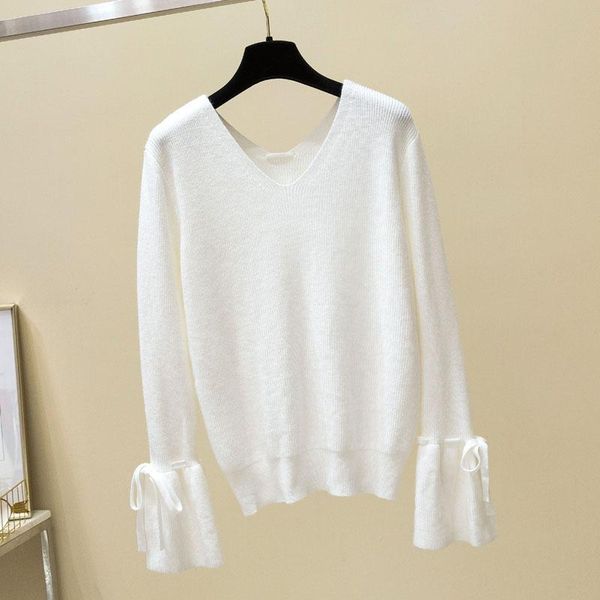 

women's sweaters qrwr 2021 women sweater korean spring autumn v neck lantern sleeve solid pullovers casual long lace up, White;black