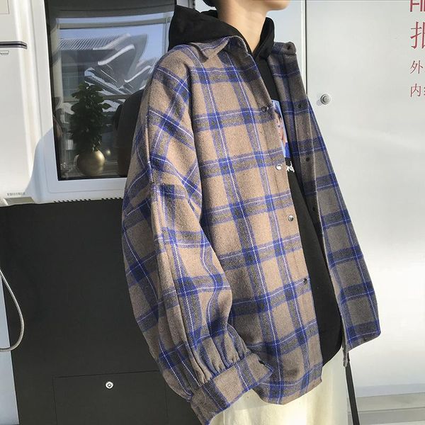 

men's casual shirts men harajuku color block plaid shirt 2021 mens streetwear long sleeve male vintage korean fashions clothes, White;black
