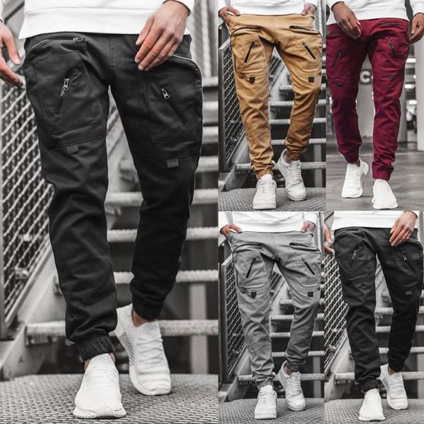 

men's pants men loose nine point leggings multi pocket overalls in spring and summer style solid color casual portable trousers, Black