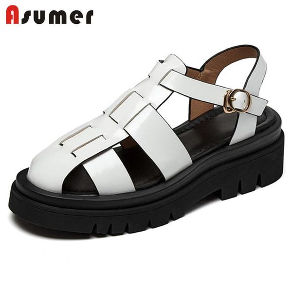 

asumer 2021 big size 43 rome shoes women sandals hollow out buckle comfortable flat platform casual black dress