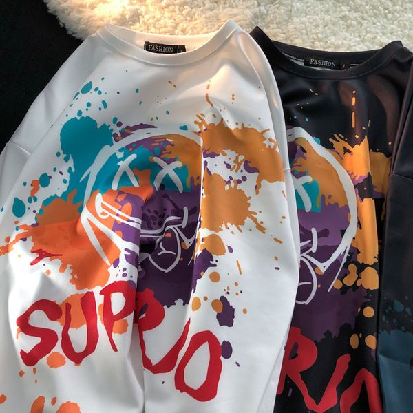 

mens sweater spring and autumn graffiti printed round neck sweater men's fashion brand street hip hop long sleeve t-shirt korean clothe, Black