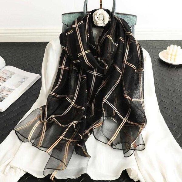 

spring and autumn wool versatile female golden thread lattice mulberry silk thin scarf, Blue;gray