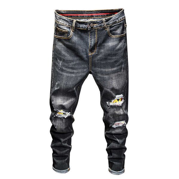 

seasons men's fashion hip-hop jeans korean style business casual stretch straight denim trousers male brand slim pants 210531, Blue