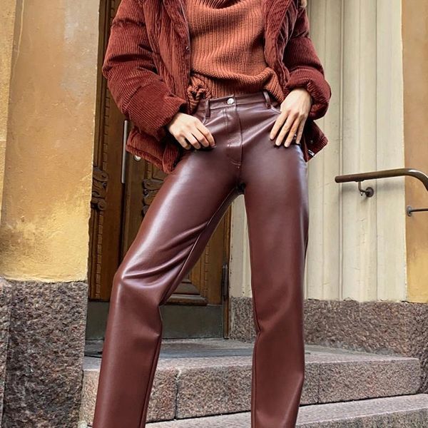 

women's pants & capris faux leather straight autumn high waist brown for women bottoms vintage streetwear trousers winter, Black;white