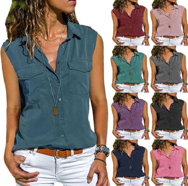 

2021 european and american summer ladies shirt fashion breathable simple casual outdoor essential lapel sleeveless women, White