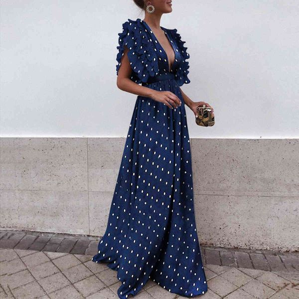 

polka dot printing long women evening es deep v neck ruffles pleats cap sleeves slim waist floor length party s-3xl, Black;gray