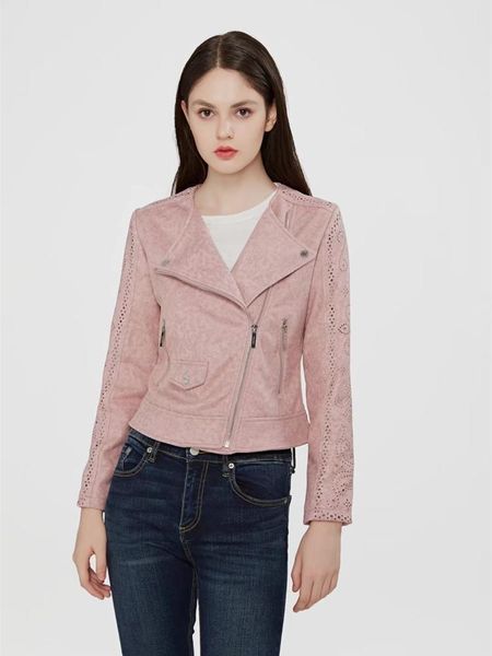 

women's leather & faux jacket black moto biker zipper coat winter hollow out