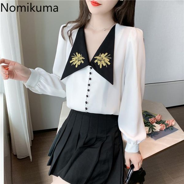 

nomikuma embroidery contrast color blouse women single breasted long sleeve casual sweet shirts autumn blusas mujer 3c956 women's blous, White